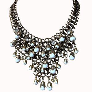 Ann Taylor Bold Gold-Tone Chain Statement‎ Necklace With White Bead & Crystal